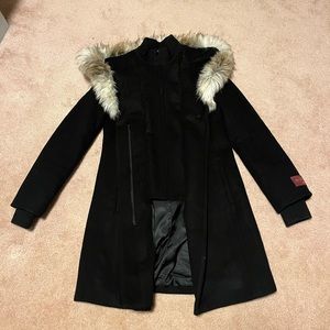 Babaton Faux Fur Wool/Cashmere Pea Coat (Black)